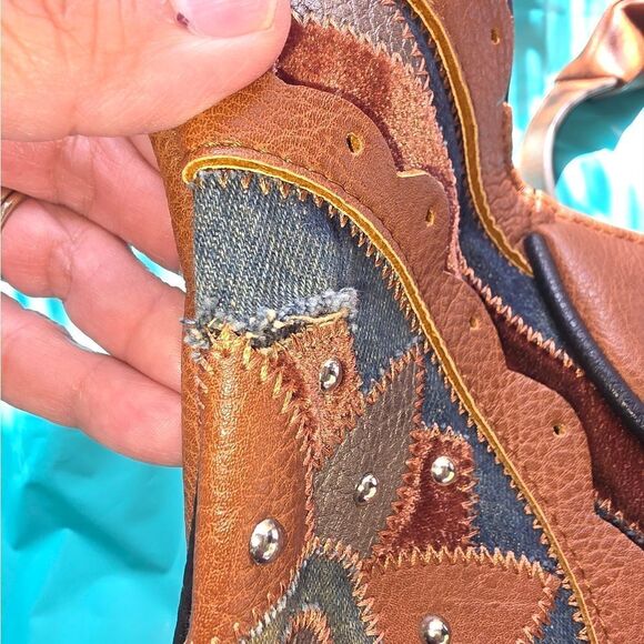 Kensie Hobo Purse Shoulder Bag Denim Patchwork Design Faux Brown Leather - Picture 4 of 17